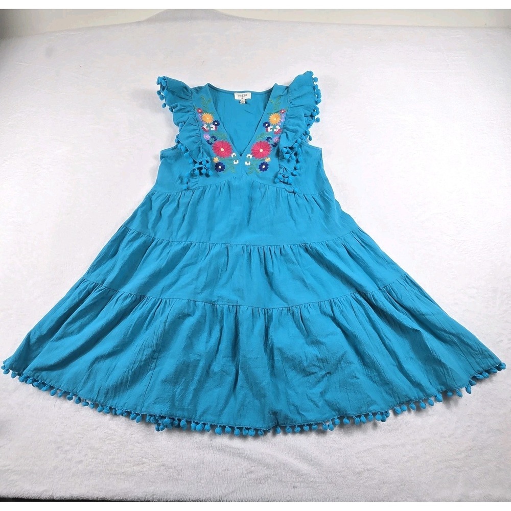 Umgee USA Pom Pom Dress Short‎ Sleeve Teal Blue Women's Size Small